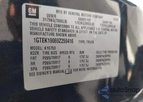 2009 GMC Sierra 1500 Work Truck z USA, uszkodzony, nr VIN 1GTEK19069Z259416